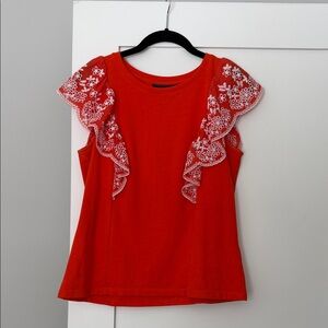 Anthropologie Orange Blouse with Floral Lace Sleeves